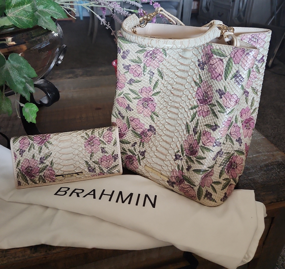 Brahmin Cream and Purple Floral Shoulder Bag